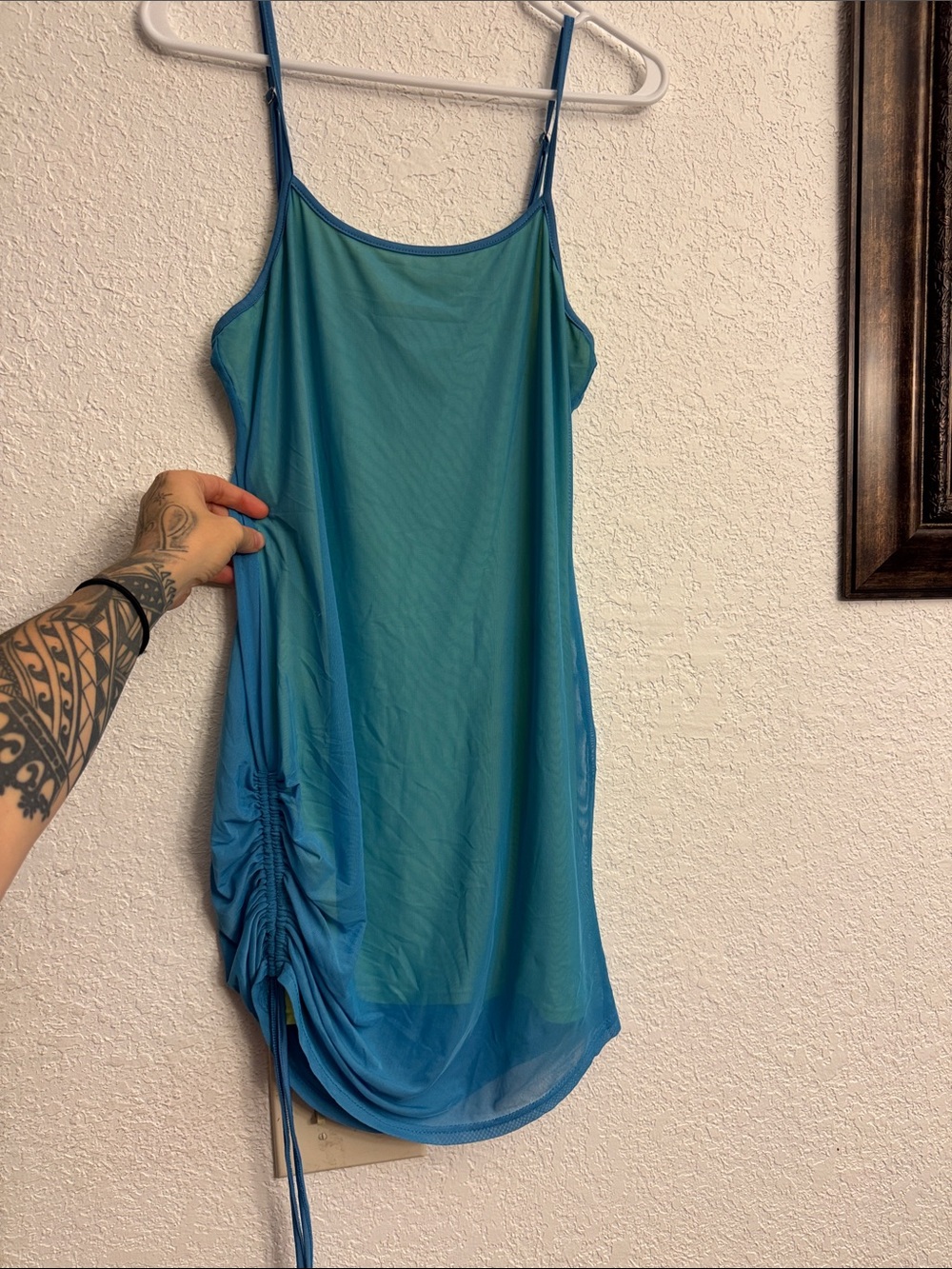 SHEIN Teal Blue Sheer Ruched Slip Dress